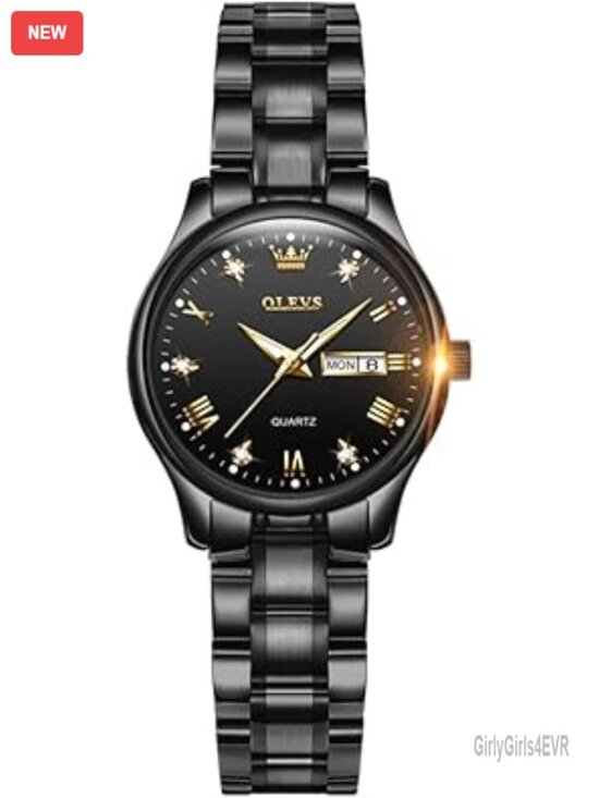 Gold Black White Dial Stainless Steel Quartz Date Day Watch Women Waterproof main image 4